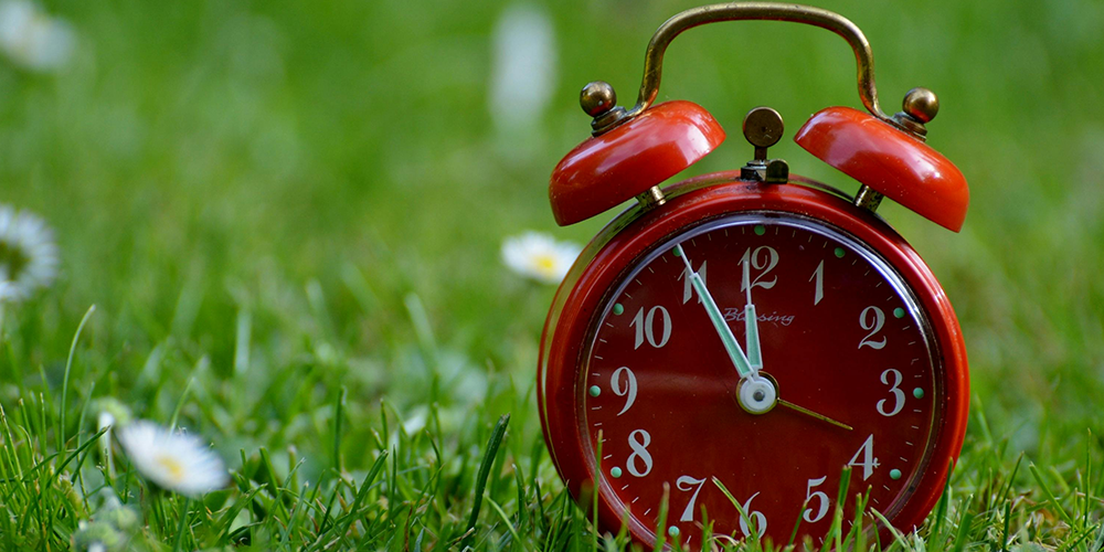 Une vieille horloge posée sur l'herbe (image décorative)