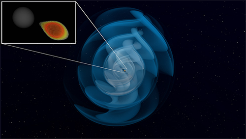 Vue d'artiste basée sur les résultats d'une simulation numérique de la déformation de l'espace-temps produite